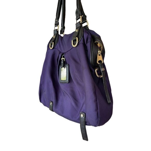 JPK Womens Purple Gold Tone Nylon Top Zip Closure Leather Double Handle Handbag - Picture 10 of 11
